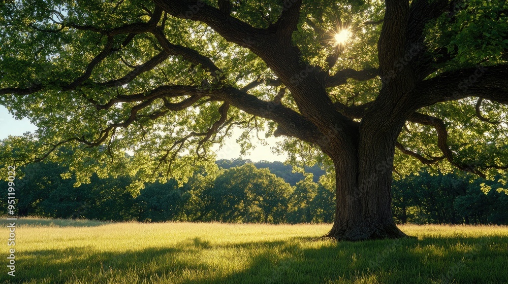 Naklejka premium A large oak tree with sprawling branches and deep green leaves, casting shade on the grass below.