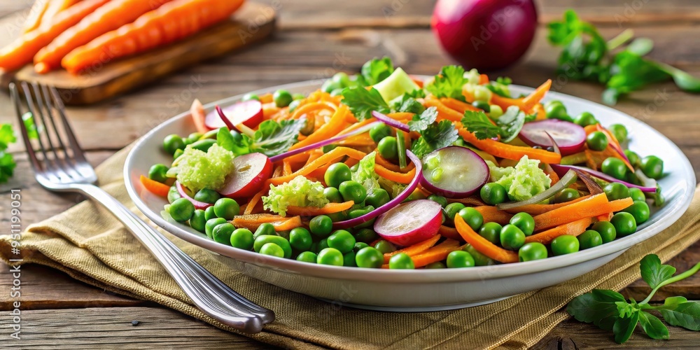 Fresh peas and carrots mixed together in a colorful spring salad, food, green, orange, healthy, organic, vegetables Fresh peas and carrots mixed together in a colorful spring salad, food, green, orange, healthy, organic, vegetables