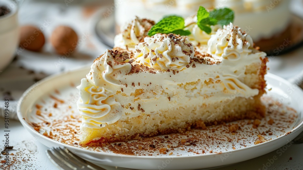 A Slice of Cake with Whipped Cream and Mint Leaves on Top, Served on a White Plate A Slice of Cake with Whipped Cream and Mint Leaves on Top, Served on a White Plate