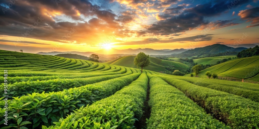 Landscape of green tea field glowing in the evening sun, green tea, field, agriculture, scenic, nature, sunset, evening Landscape of green tea field glowing in the evening sun, green tea, field, agriculture, scenic, nature, sunset, evening