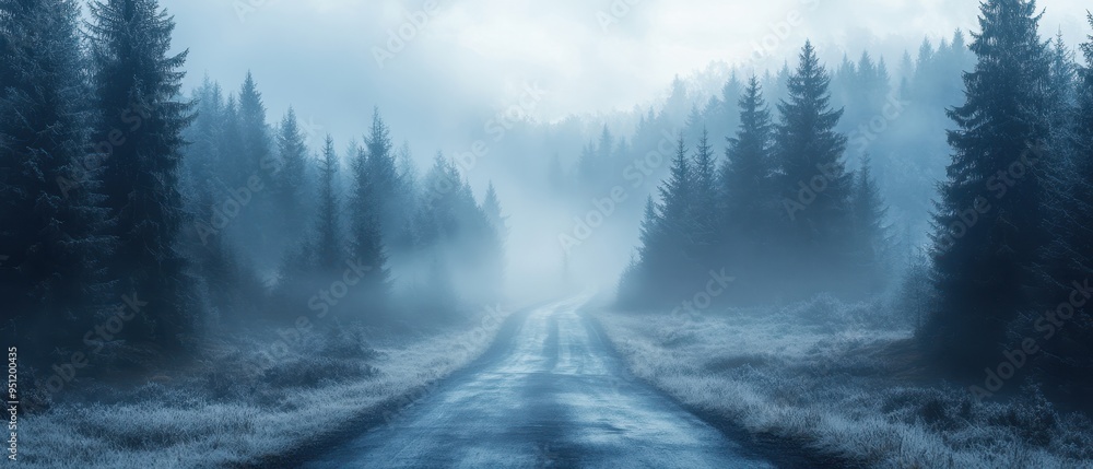 Empty road stretching through a foggy forest, surrounded by tall pine trees Empty road stretching through a foggy forest, surrounded by tall pine trees