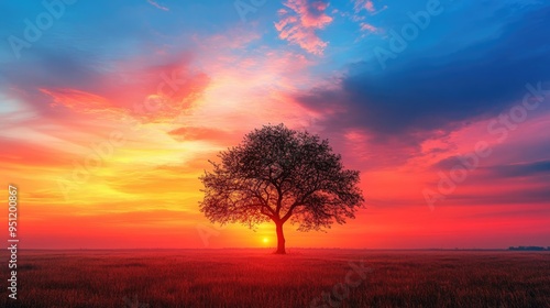 A lone tree in the middle of a vast field at dusk, with the sky ablaze in vibrant colors, offering a dramatic and peaceful scene with ample copy space. photo