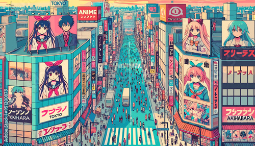The concept of the image of Akihabara, the sacred place of Japanese animation. Vector illustration.