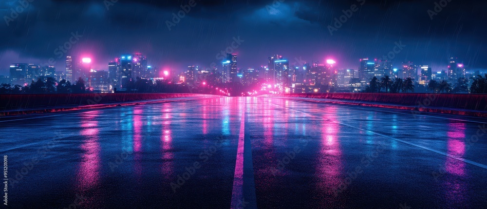 Fototapeta premium Wet asphalt of a clean empty road reflecting neon city lights