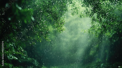 A lush green forest with rain falling gently through the trees, creating a serene and tranquil natural setting with ample space for text.