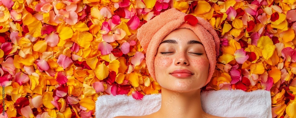 A serene Asian woman with radiant skin, lying on a white towel with flower petals around her A serene Asian woman with radiant skin, lying on a white towel with flower petals around her