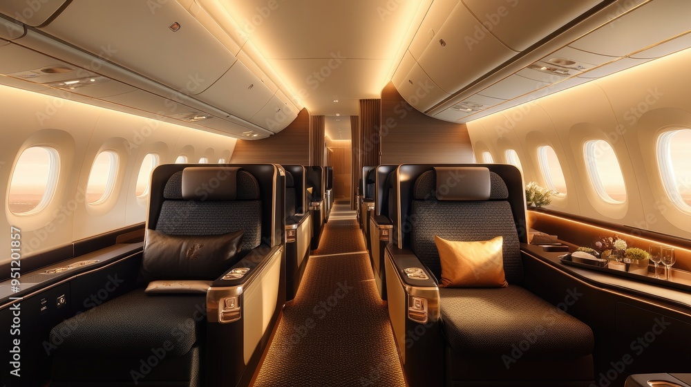 Fototapeta premium A luxurious airplane cabin with a focus on business class seating and modern amenities. Clear copy space for content.