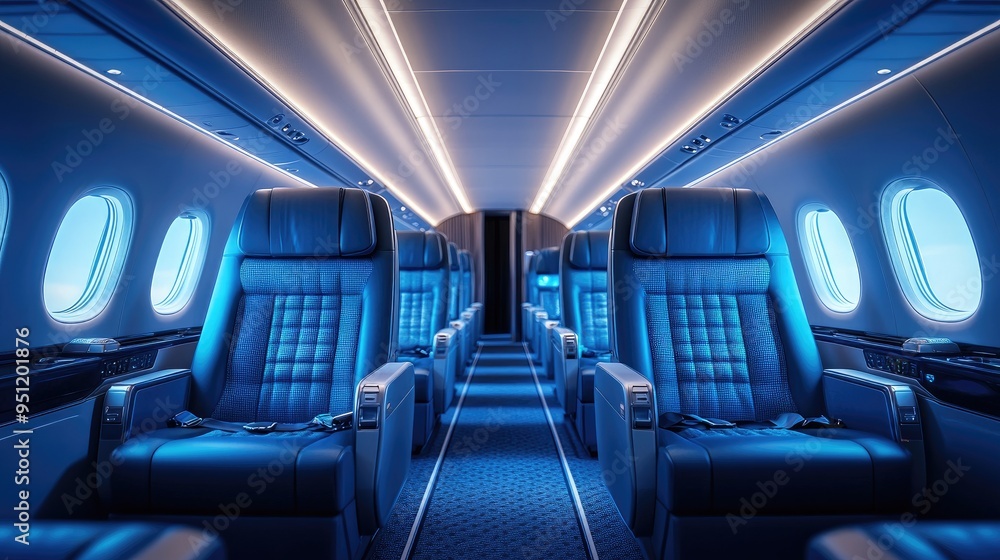 A luxurious airplane cabin with a focus on business class seating and modern amenities. Clear copy space for content. A luxurious airplane cabin with a focus on business class seating and modern amenities. Clear copy space for content.