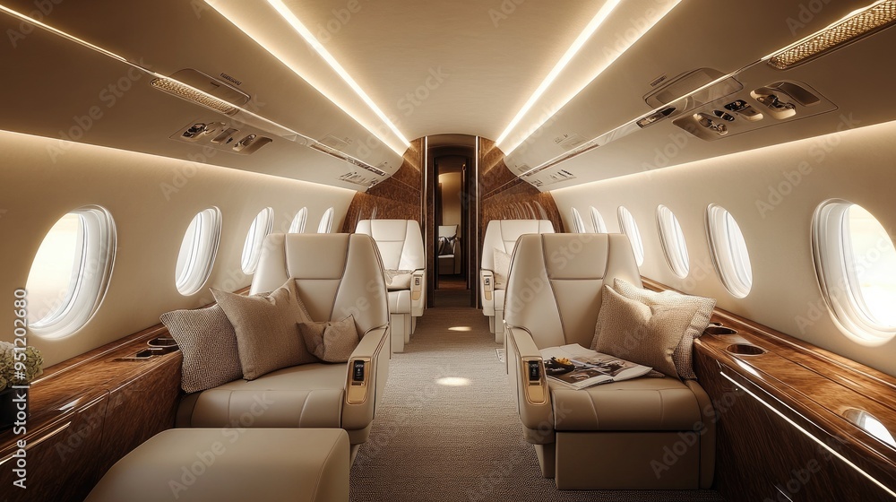 Fototapeta premium A luxurious private jet with a sleek design and high end features, ideal for high class travel content. Plenty of copy space.