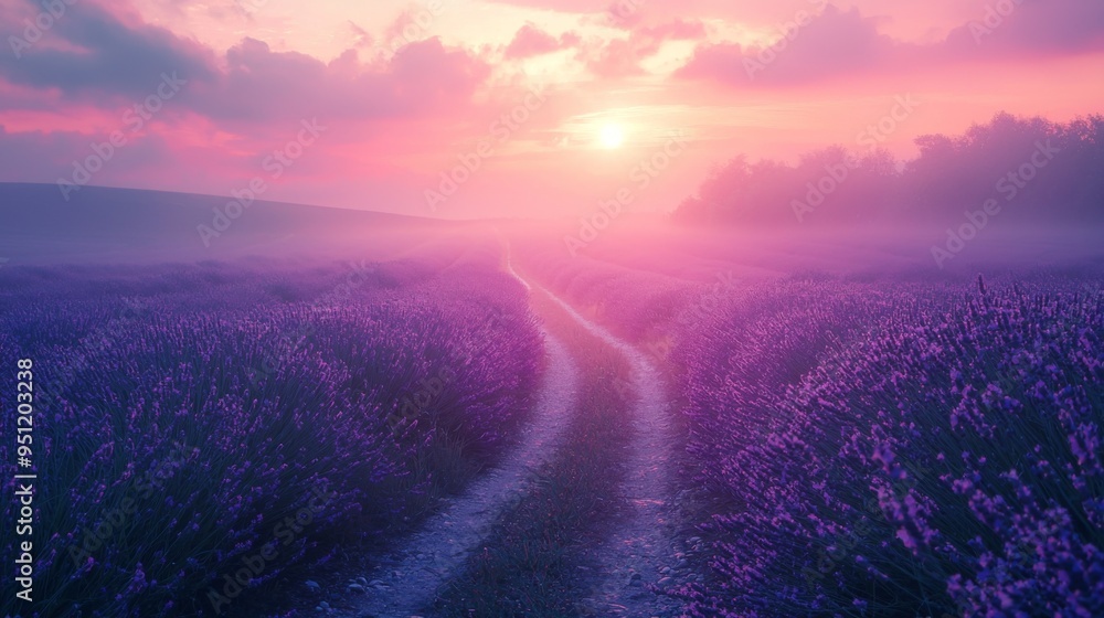 Serene road through a field of lavender, pastel colors, soft focus, gentle breeze, ethereal beauty Serene road through a field of lavender, pastel colors, soft focus, gentle breeze, ethereal beauty