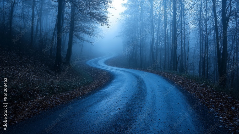 Naklejka premium Serene road through a foggy forest, monochromatic, high contrast, moody atmosphere, mystical allure