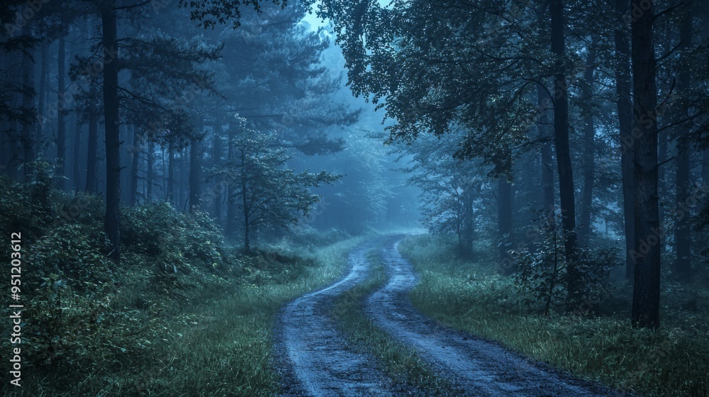 Obraz premium Serene road through a forest at twilight, deep shadows, cool tones, mysterious ambiance, calm and quiet