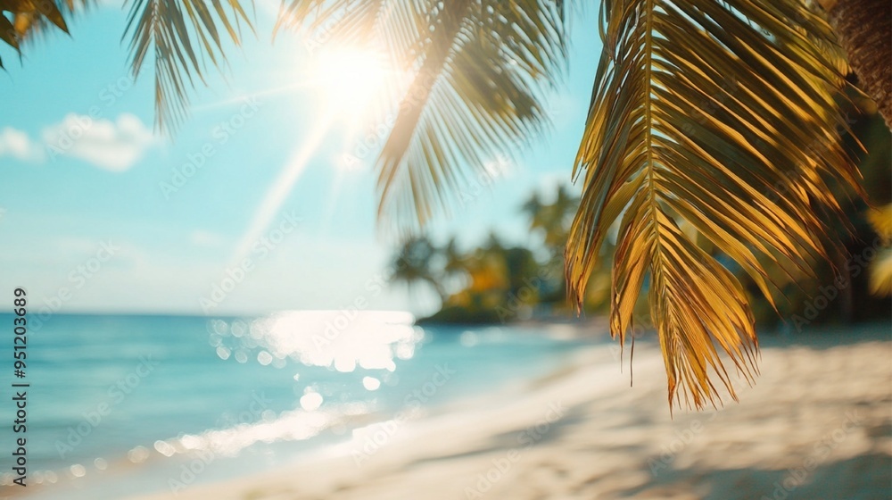 Fototapeta premium Blurry tropical summer beach background with sunlight rays, evoking a serene and relaxing vacation atmosphere. Perfect for creating a dreamy, sunlit vacation mood.