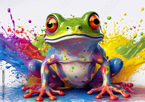 illustration of funny frog with colorful splashes on a white background