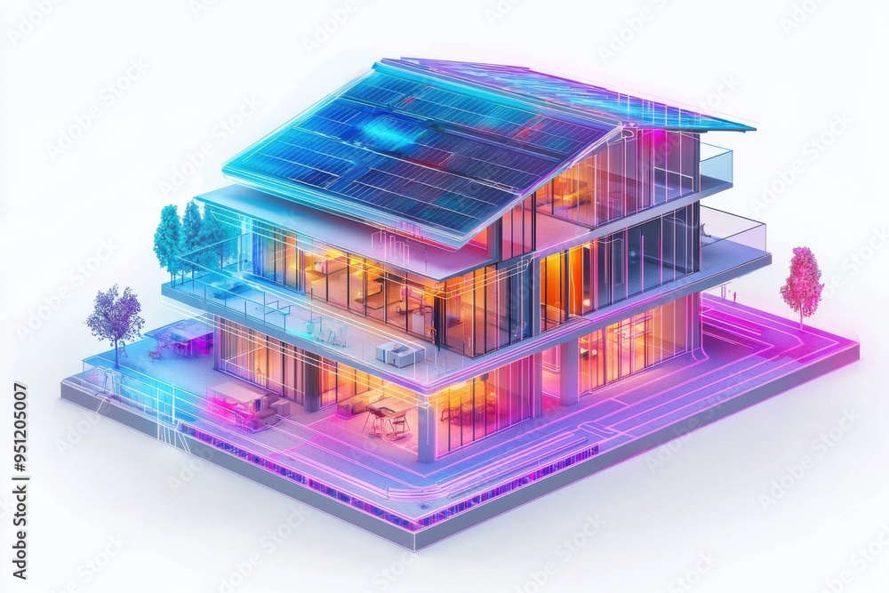 Obraz premium Modern House with Solar Panels 3D Rendering.