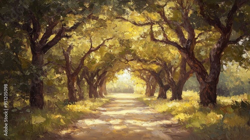 Serene road under a canopy of oak trees, oil painting style, rich earth tones, textured brushstrokes, pastoral beauty