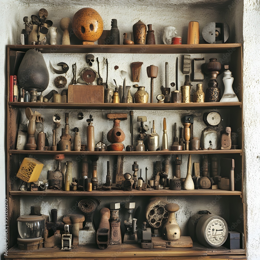 A collection of strange, tools arranged on a shelf 16:9 A collection of strange, tools arranged on a shelf 16:9
