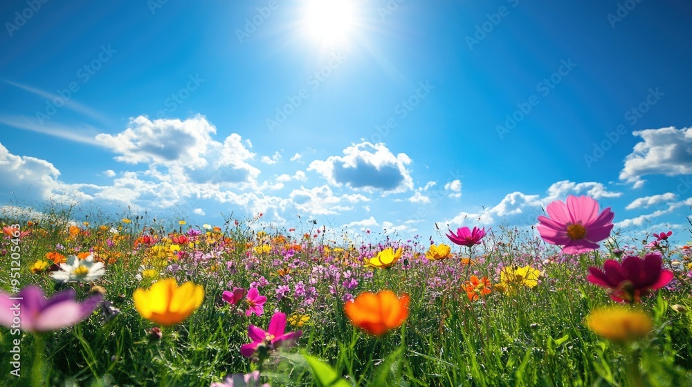 Fototapeta premium A meadow filled with wildflowers under a bright blue sky, with the flowers in various colors creating a beautiful scene.
