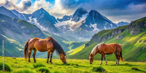 Two beautiful wild horses grazing in green alpine meadows with mountains in the background , Wild, horses