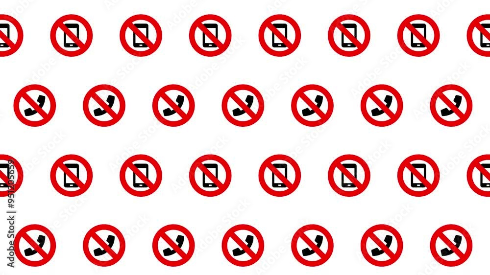 Seamless loop pattern of phone calls icons with no symbol on a white background. Smartphone and telephone infographic background. Concept of phone calls restriction. 4K Motion Graphics. Seamless loop pattern of phone calls icons with no symbol on a white background. Smartphone and telephone infographic background. Concept of phone calls restriction. 4K Motion Graphics.