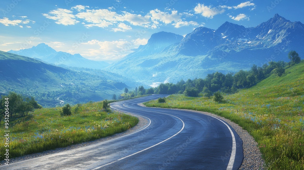 Fototapeta premium Winding mountain road with a distant horizon, 3D rendering, saturated colors, expansive views, natural wonder