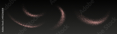Rose gold glitter splashes, shiny star dust explosion, shimmer spray effect, festive holiday particles isolated on a dark background. Vector illustration.