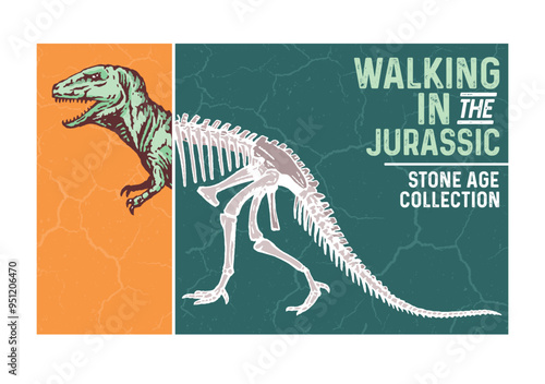 Illustration of dinosaur and fossil composition. Art with lettering. Design for printing on t-shirts, posters, etc.
