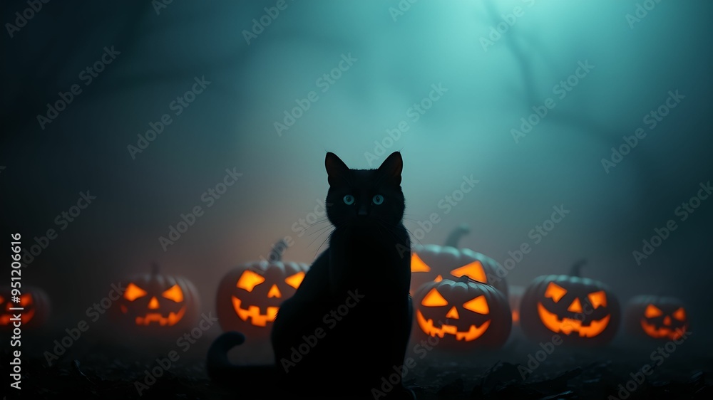 Cat with glowing jack-o'-lanterns in foggy background Cat with glowing jack-o'-lanterns in foggy background