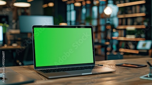 Laptop with Green Screen in Office Setting