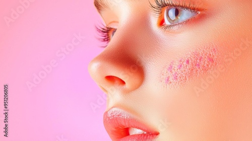 Closeup of a teenage girl with inflamed acne on her chin, with a concerned expression