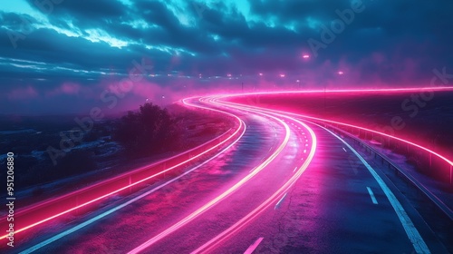 Winding road at twilight, neon lights, cyberpunk aesthetic, moody lighting, futuristic setting