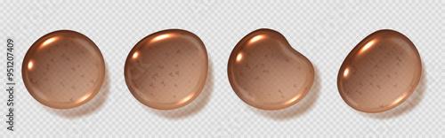 Cola drops, realistic soda droplets, glossy beer liquid, soy sauce or coffee concept. Vector illustration.