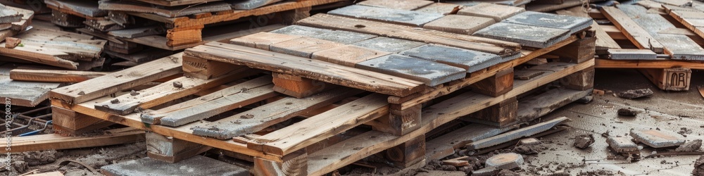 Wooden pallets used for organizing pavement tiles among construction materials Wooden pallets used for organizing pavement tiles among construction materials
