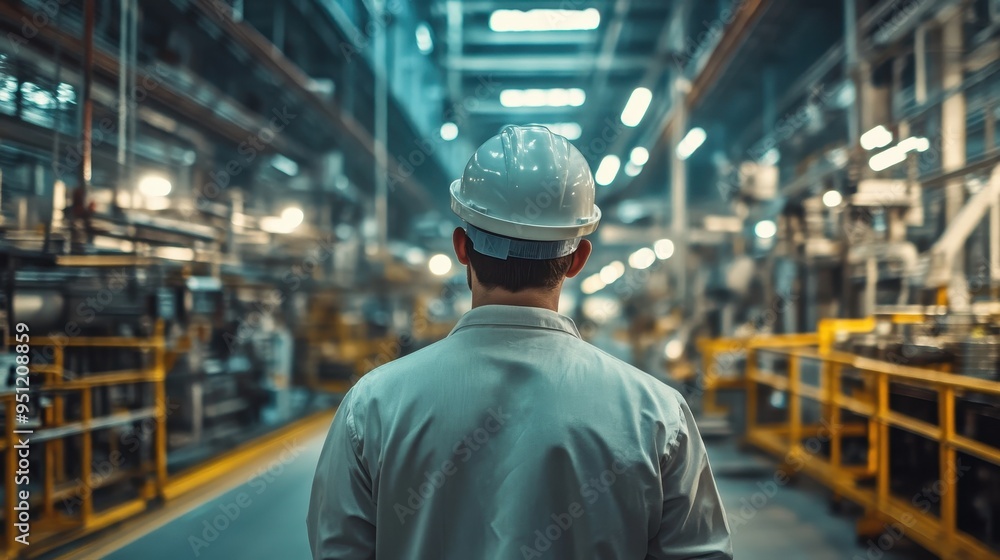 Worker Walking in Industrial Factory Warehouse Worker Walking in Industrial Factory Warehouse
