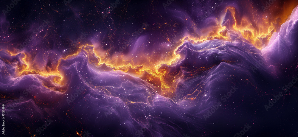 Abstract background with swirling purple and gold fluid. vibrant purple and gold hues against a stars, galaxies, nebulae and dark black background Abstract background with swirling purple and gold fluid. vibrant purple and gold hues against a stars, galaxies, nebulae and dark black background