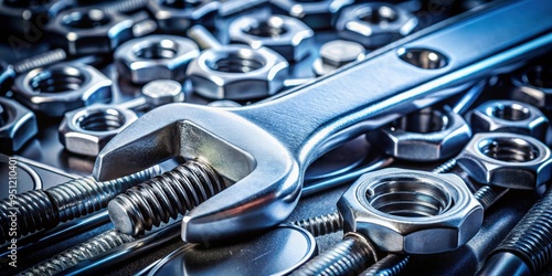 A close-up shot of a wrench and screws off a vehicle , mechanic, repair, tool, automotive, maintenance, workshop, garage, fixing