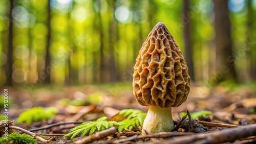 Conical morel mushroom on forest ground , Morel, conical, mushroom, Morchella conica, edible, spring, fungi, nature, forest