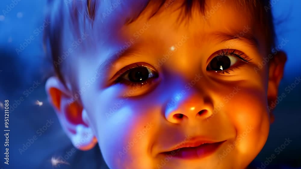 A close-up of a joyful toddler with sparkling eyes, illuminated by colorful lights. child's face radiates innocence and wonder, embodying childhood magic and joy A close-up of a joyful toddler with sparkling eyes, illuminated by colorful lights. child's face radiates innocence and wonder, embodying childhood magic and joy