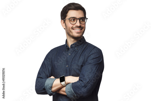 Young handsome man dressed in casual denim shirt with smartwatch on wrist