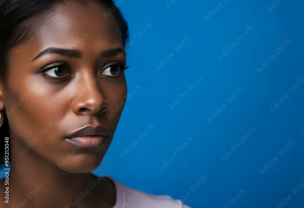 A Woman Looking Sideways with Concerned Expression on Blue Background A Woman Looking Sideways with Concerned Expression on Blue Background