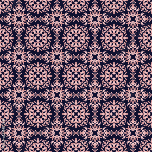 Classic Damask seamless pattern, Rose gold wallpaper in the style of Baroque, Vintage background, Luxury floral Graphic pattern for fabric, curtain, packaging, Vector Illustration for Textile Design