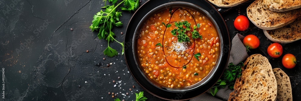 Top view of lentil soup featuring salt, tomatoes, and slices of dark bread on a dark surface, showcasing a vibrant food composition. Top view of lentil soup featuring salt, tomatoes, and slices of dark bread on a dark surface, showcasing a vibrant food composition.