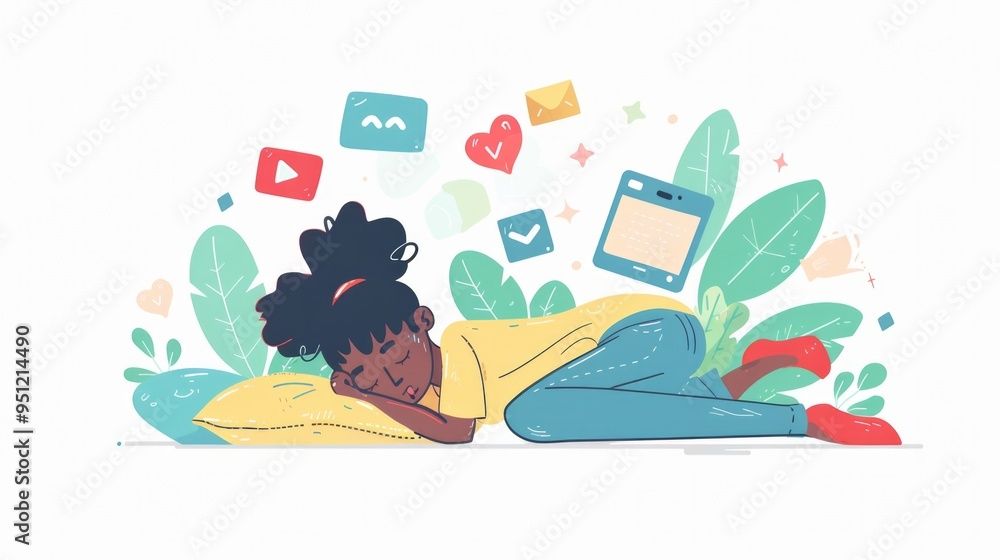 Fototapeta premium Young woman napping during workday, balancing self-care.