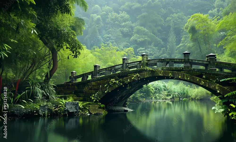 Serene wooden bridge over a foggy river in lush greenery Serene wooden bridge over a foggy river in lush greenery