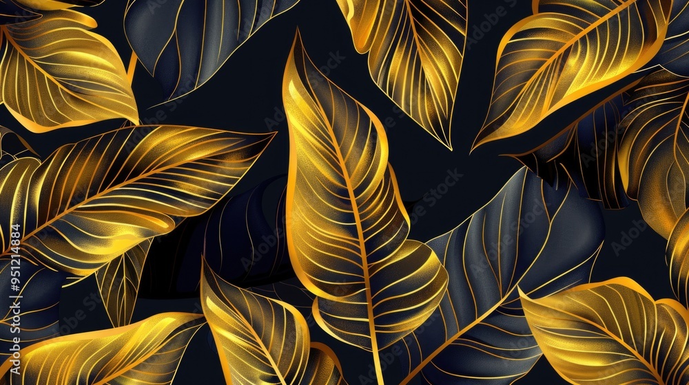 Luxurious tropical leaf wallpaper with golden banana leaf line art. illustration for fabric, print, and banners. Luxurious tropical leaf wallpaper with golden banana leaf line art. illustration for fabric, print, and banners.