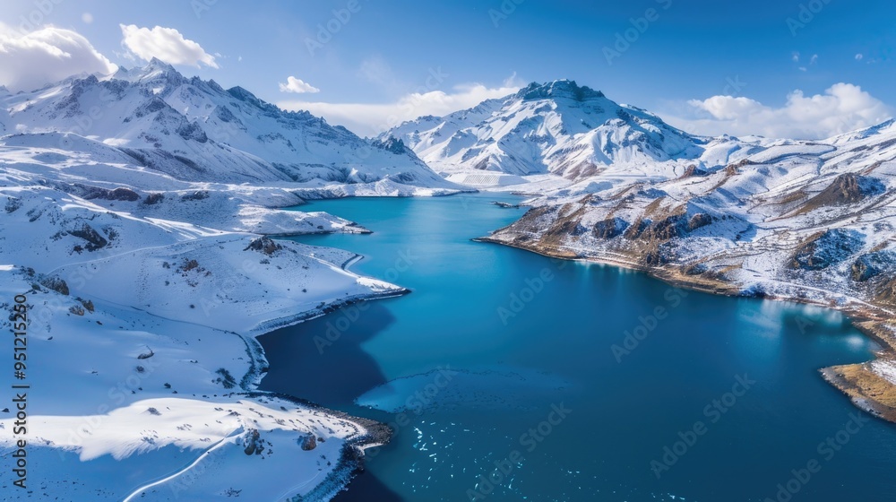 Naklejka premium Snowy mountains surrounding with blue waters and white snow.