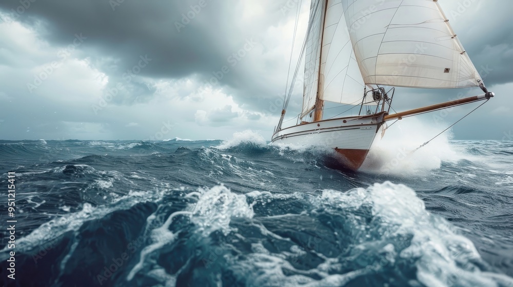 Fototapeta premium A sailboat battles the fury of a storm.