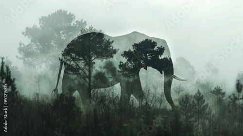 Double exposure of an elephant silhouette and a foggy forest creating an artistic and mysterious image.