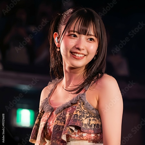 A beautiful, smiling Japanese idol in her early twenties is performing at a live venue wearing a revealing top made of thin fabric