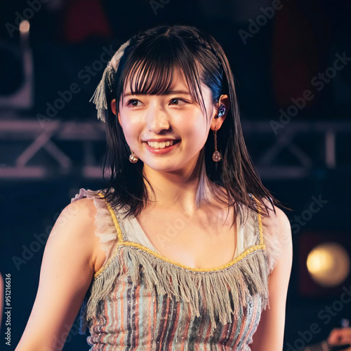 A beautiful, smiling Japanese idol in her early twenties is performing at a live venue wearing a revealing top made of thin fabric